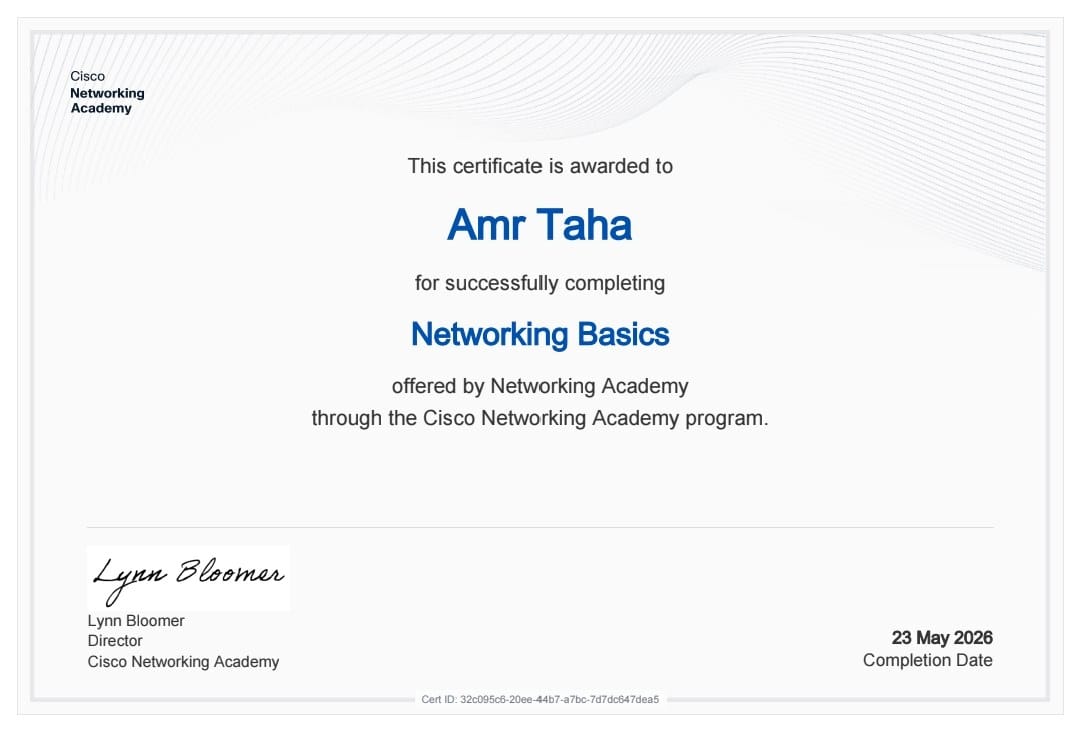 Cisco Networking Basics certificate, back