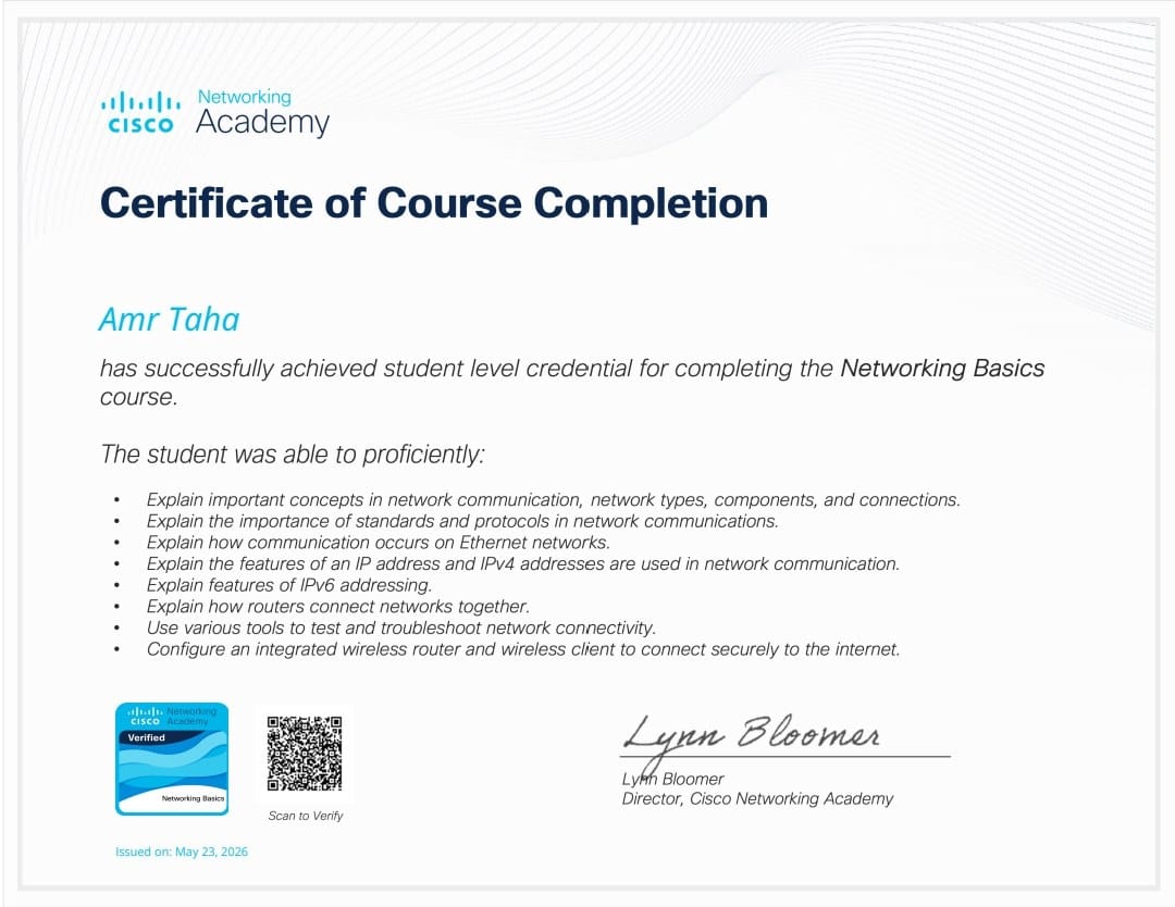 Cisco Networking Basics certificate, front